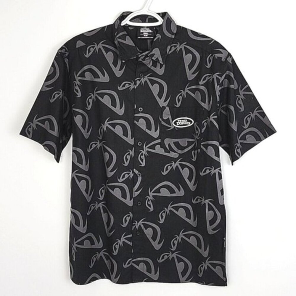 NWT No Fear Men's Black Grey Button Up Short Sleeves Cotton Shirt Size Small